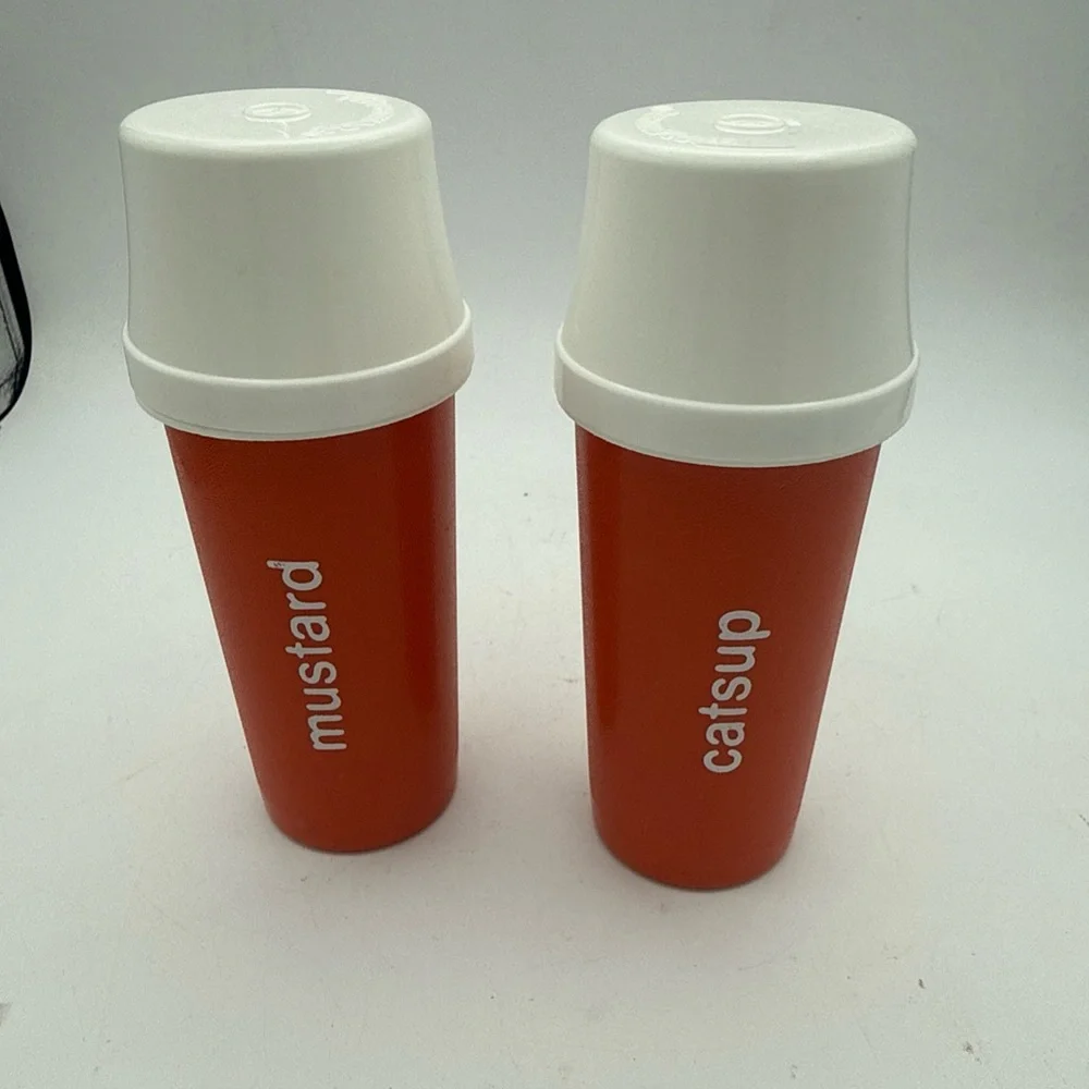 VTG 70’s Tupperware Catsup & Mustard Orange Containers W/ Pump And Lids